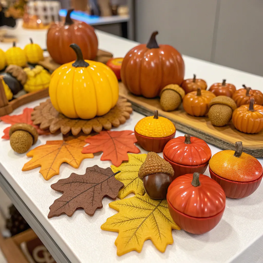 Colorful autumn-themed toys arranged beautifully on a display table
